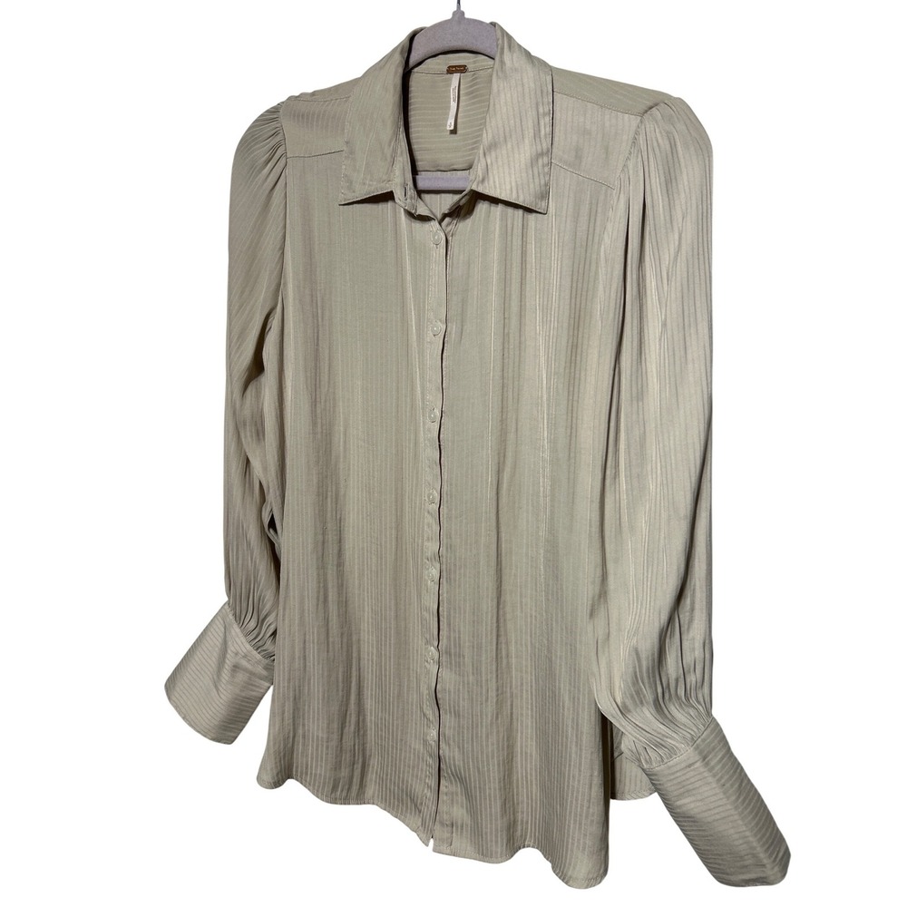 Free People Serena Striped Puff Shoulder Button Up Shirt Beige Women's Small